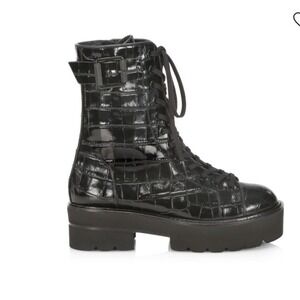 Stuart Weitzman Black‎ Croc Embossed Leather Lace Up Platform Combat Boots 11.5